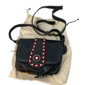 Pikolinos Leather Crossbody Black Beaded‎ Fringe Bag Flap Closure Handbag Purse